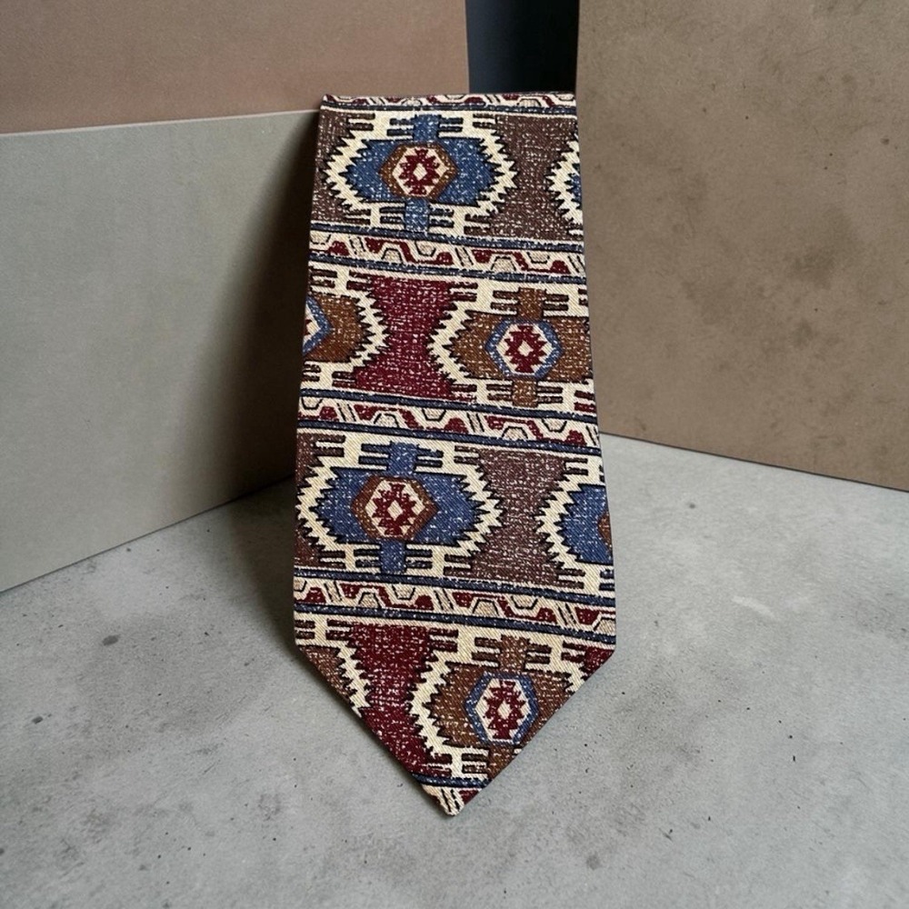 Men's Southwestern Geometric Silk Tie Necktie Brown Burgundy Aztec Western